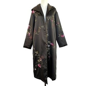 Deadstock MANDALAY Y2k Black Embroidered Floral Hooded Long Kimono Robe Duster M